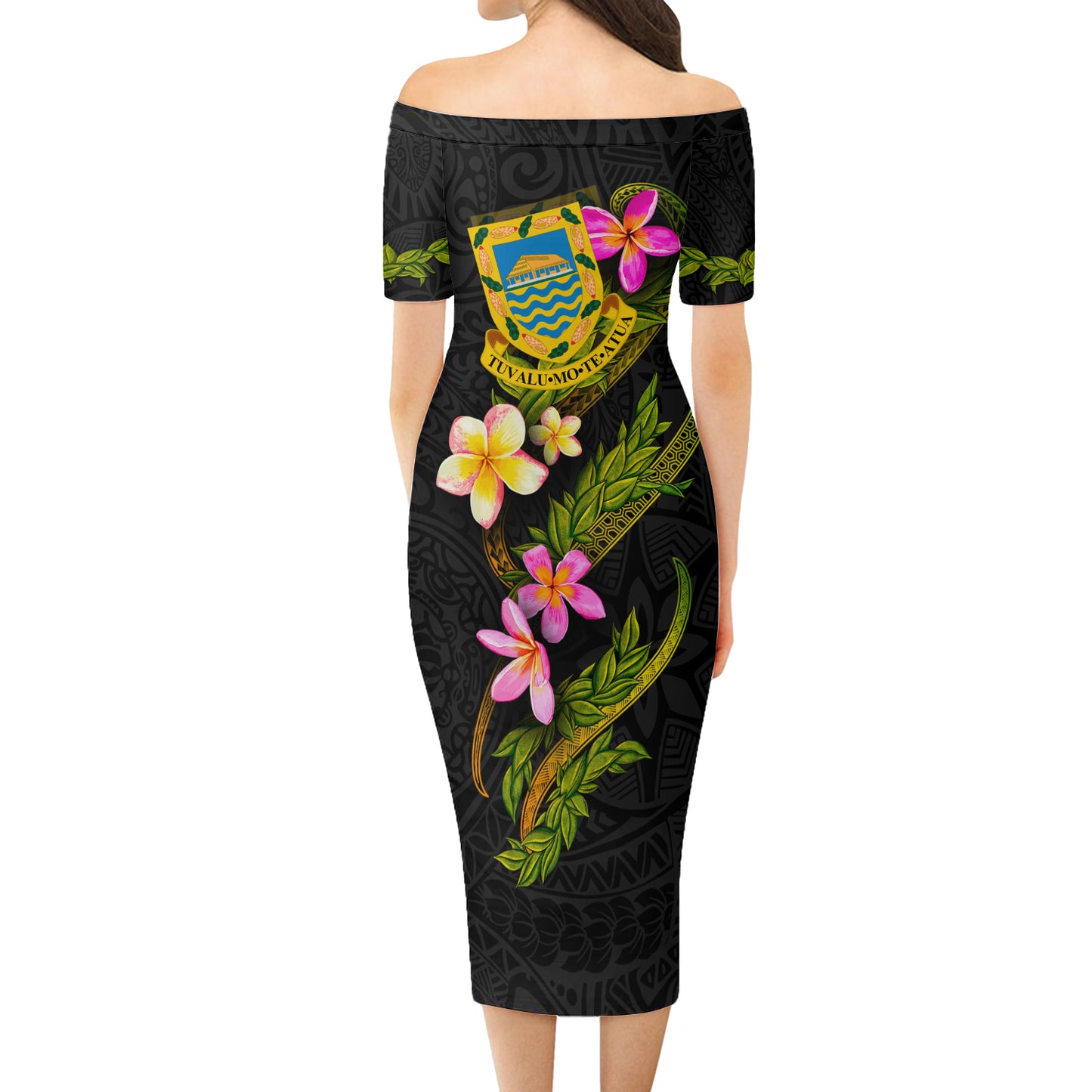 Tuvalu Short Sleeve Off The Shoulder Lady Dress Plumeria Tribal