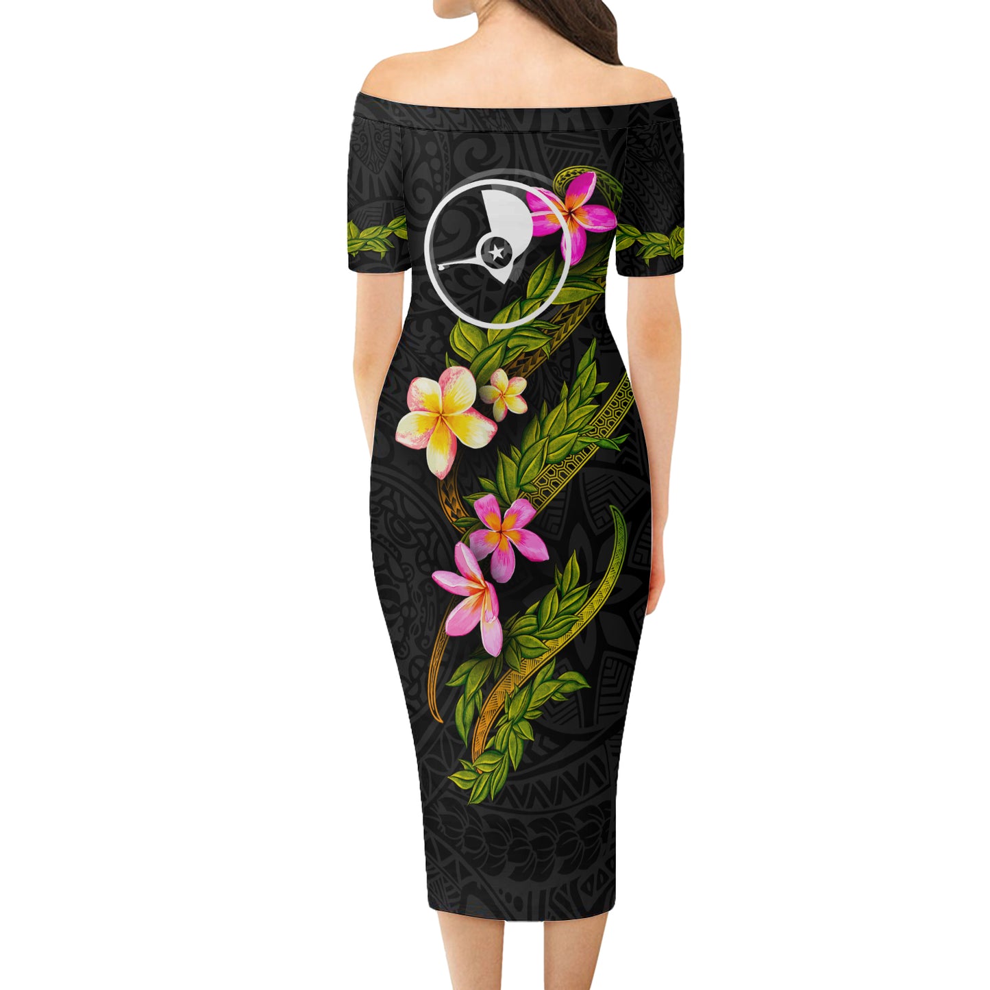 Yap State Short Sleeve Off The Shoulder Lady Dress Plumeria Tribal