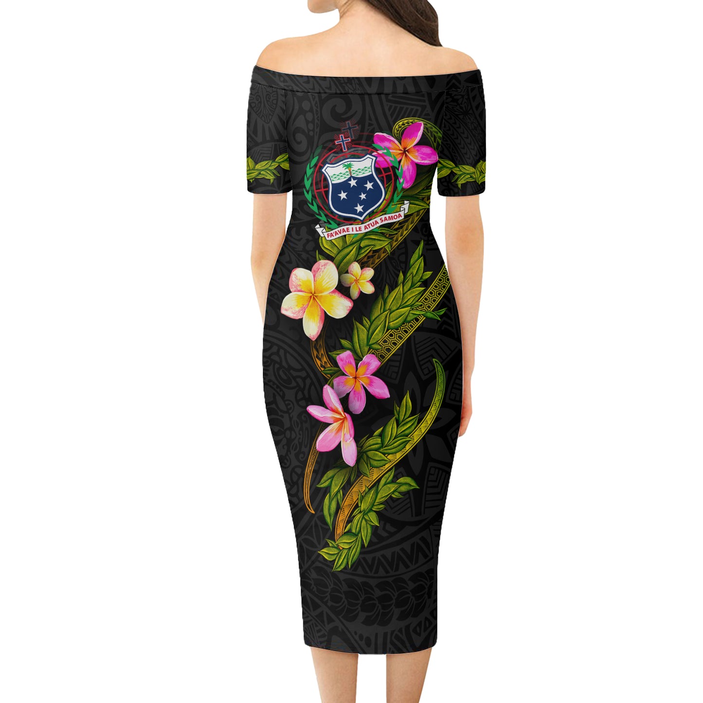 Samoa Short Sleeve Off The Shoulder Lady Dress Plumeria Tribal
