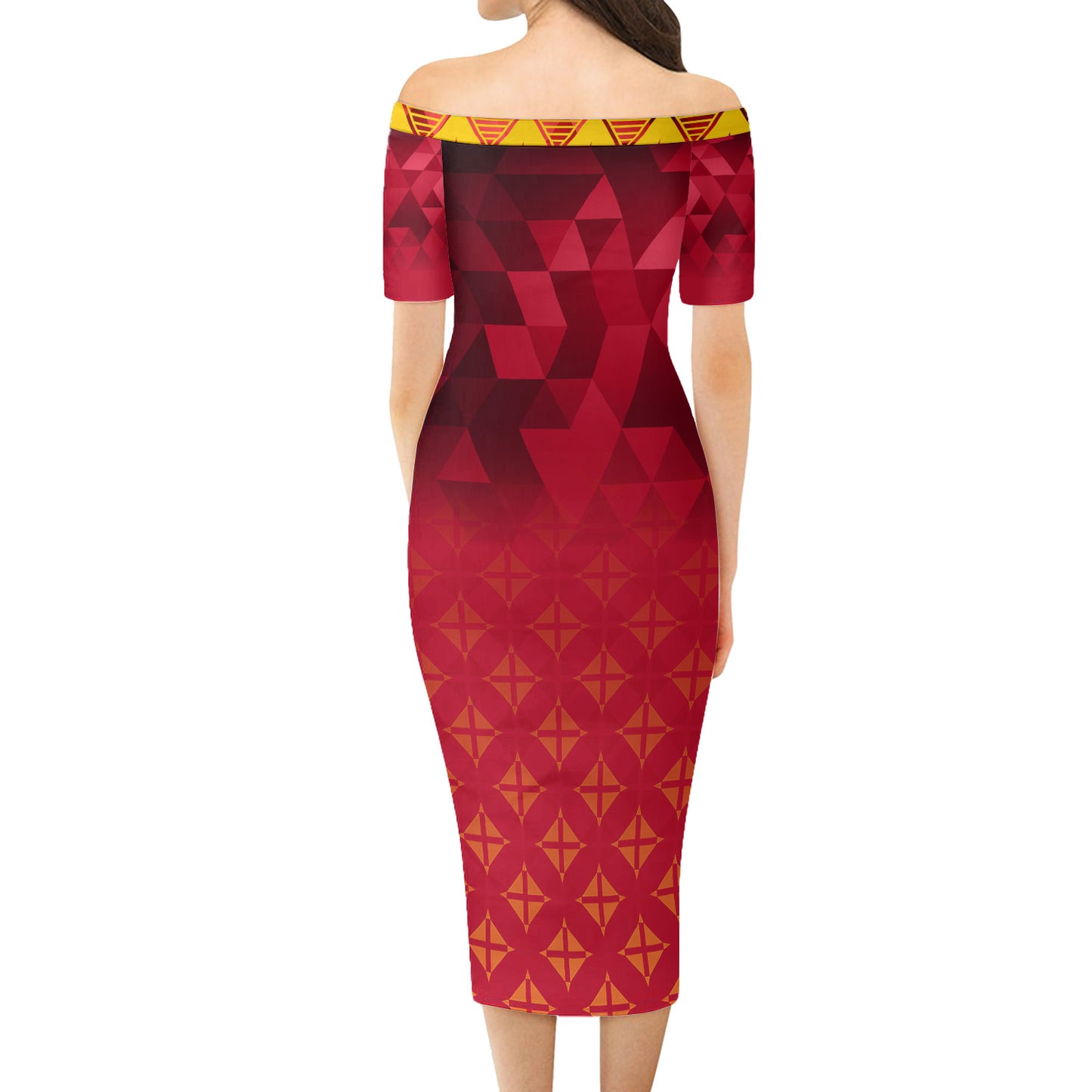 Papua New Guinea Short Sleeve Off The Shoulder Lady Dress Lowpolly With Tribal Motif