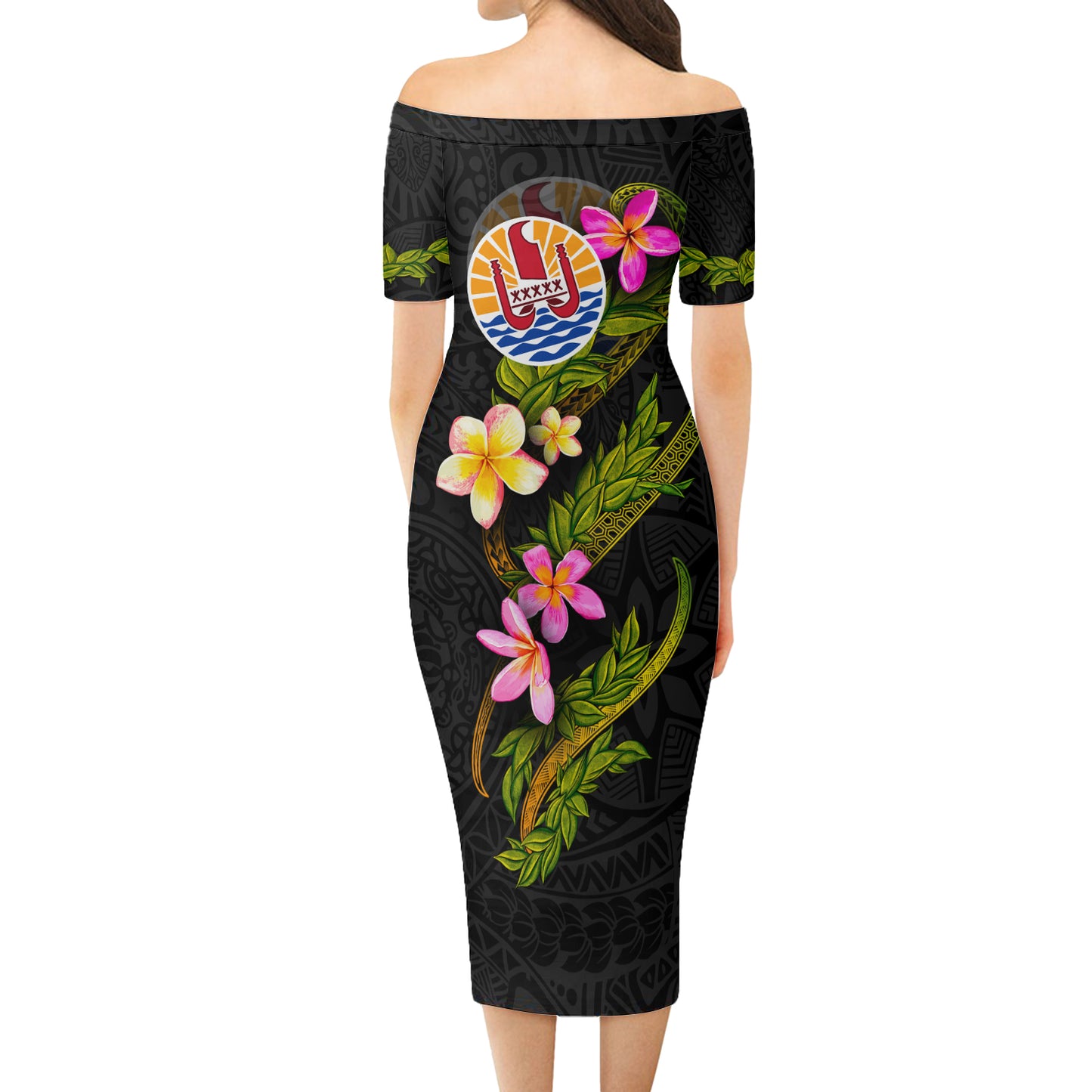 Tahiti Short Sleeve Off The Shoulder Lady Dress Plumeria Tribal