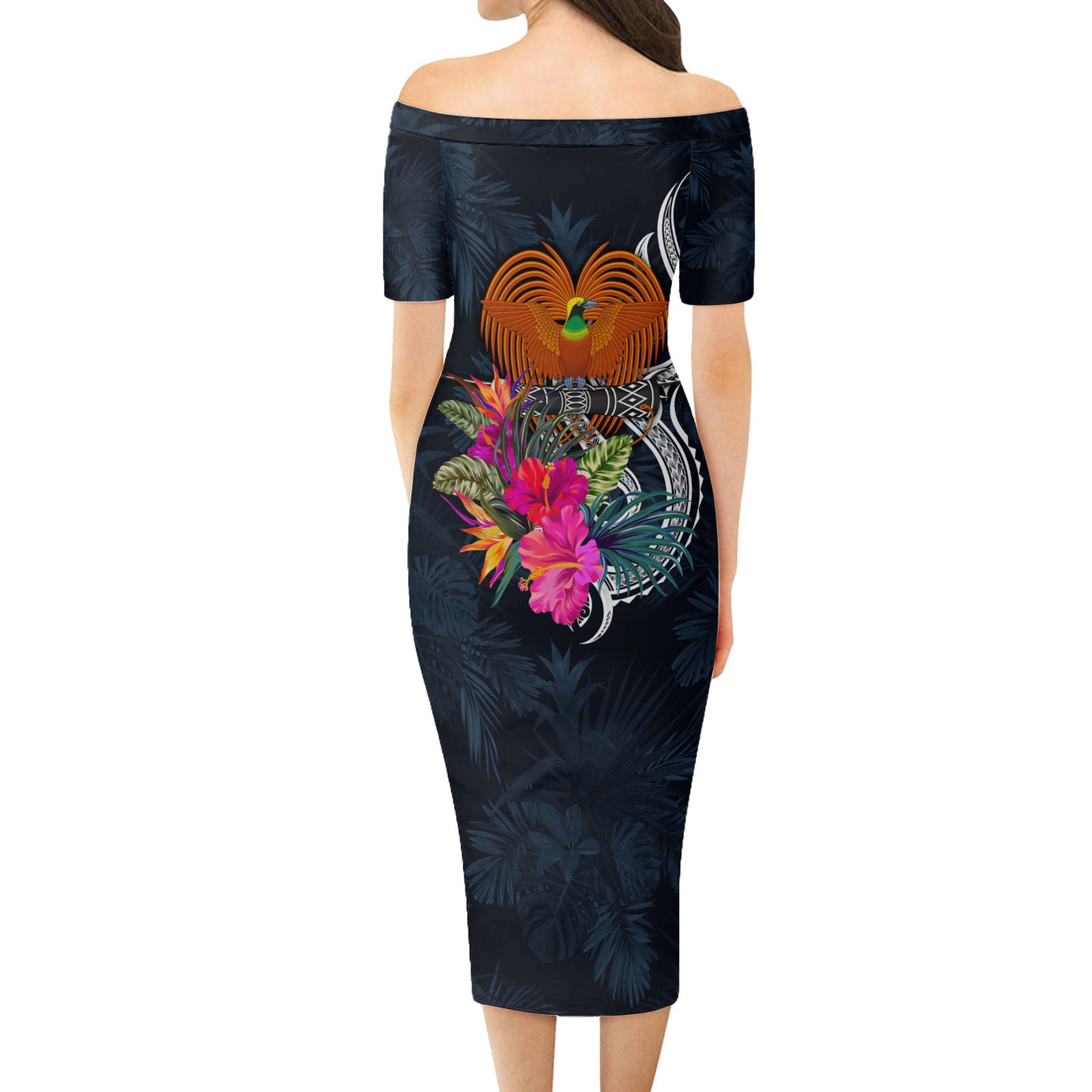 Papua New Guinea Short Sleeve Off The Shoulder Lady Dress Tropical Flower
