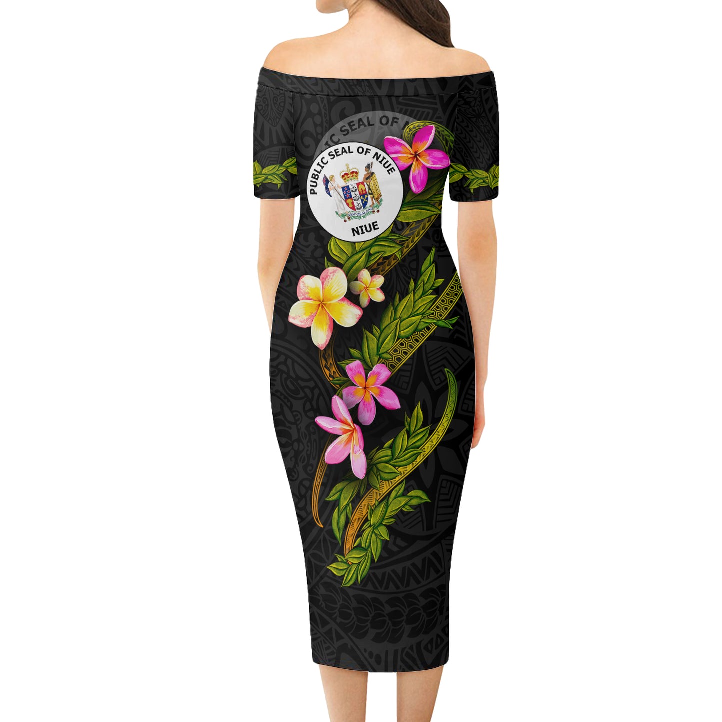 Niue Short Sleeve Off The Shoulder Lady Dress Plumeria Tribal