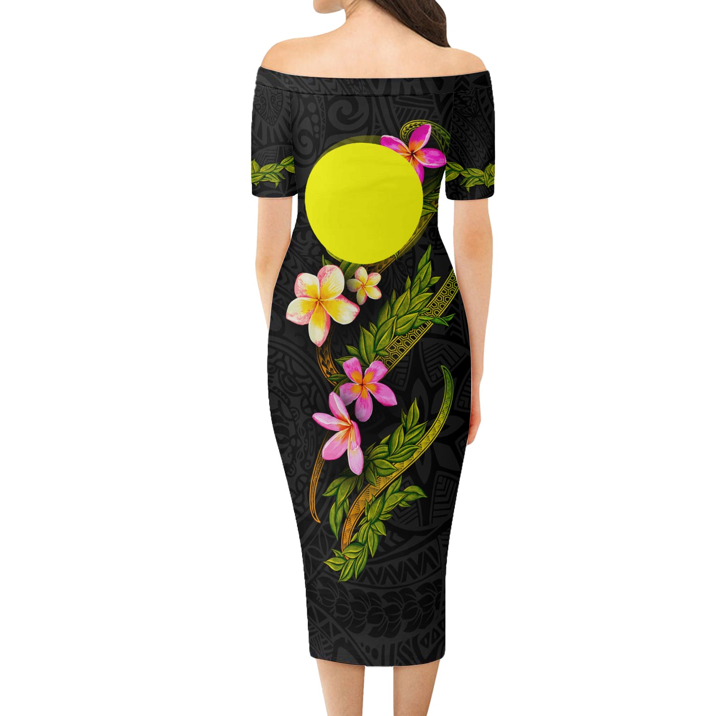 Palau Short Sleeve Off The Shoulder Lady Dress Plumeria Tribal