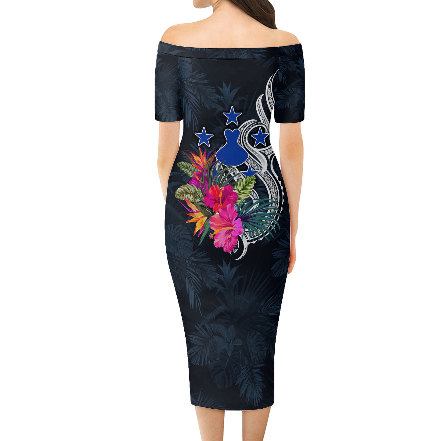 Austral Islands Short Sleeve Off The Shoulder Lady Dress Tropical Flower