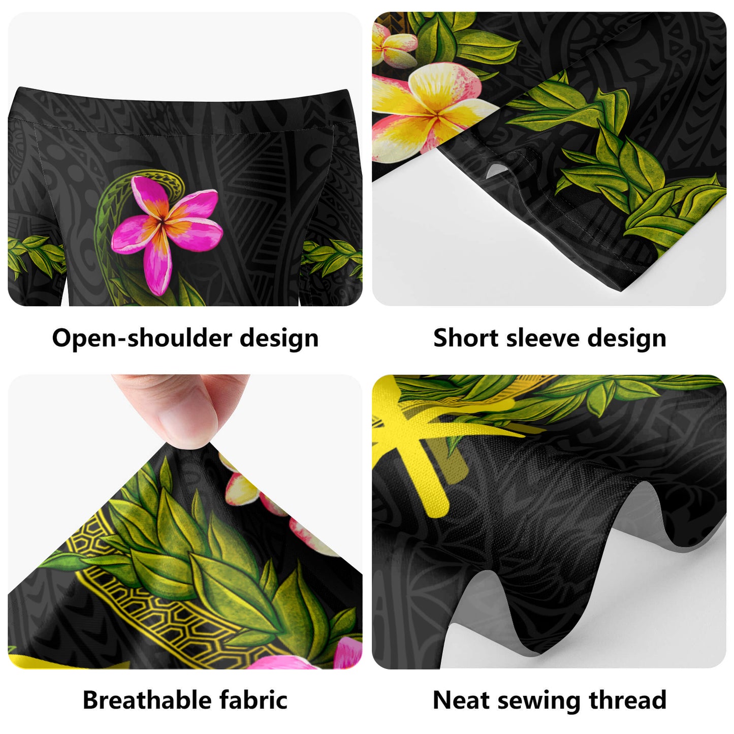 Hawaii Kanaka Maoli Short Sleeve Off The Shoulder Lady Dress Plumeria Tribal