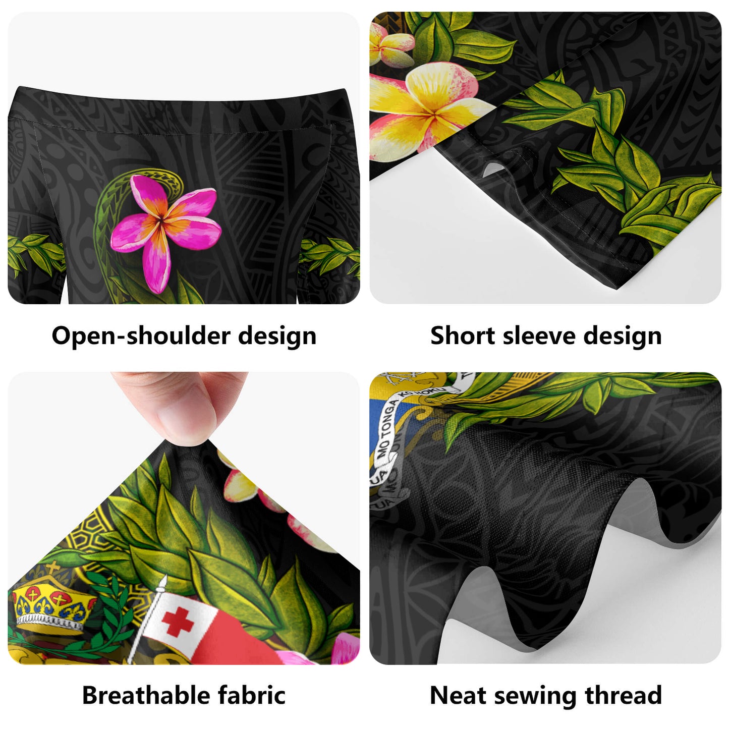 Tonga Short Sleeve Off The Shoulder Lady Dress Plumeria Tribal