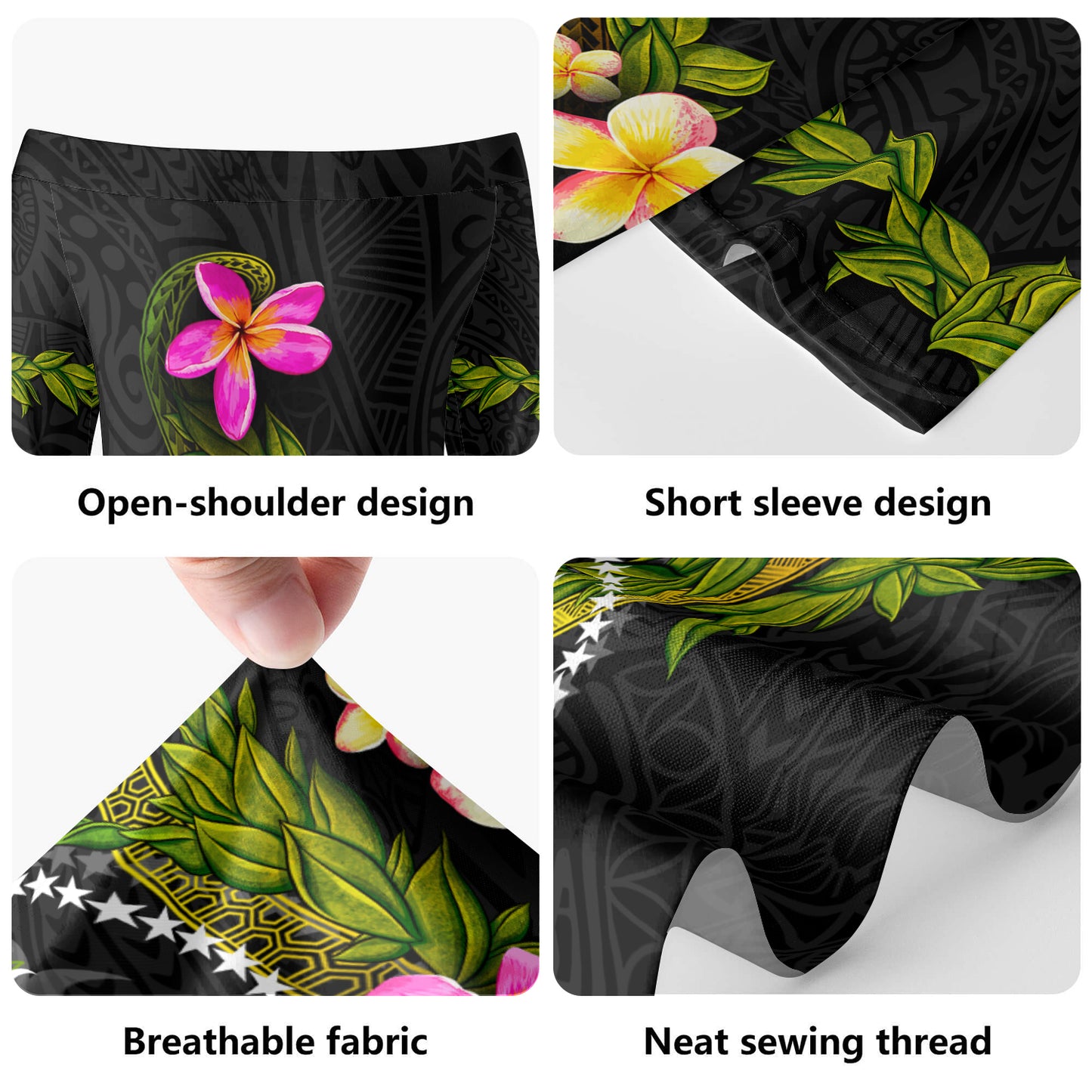 Chuuk State Short Sleeve Off The Shoulder Lady Dress Plumeria Tribal