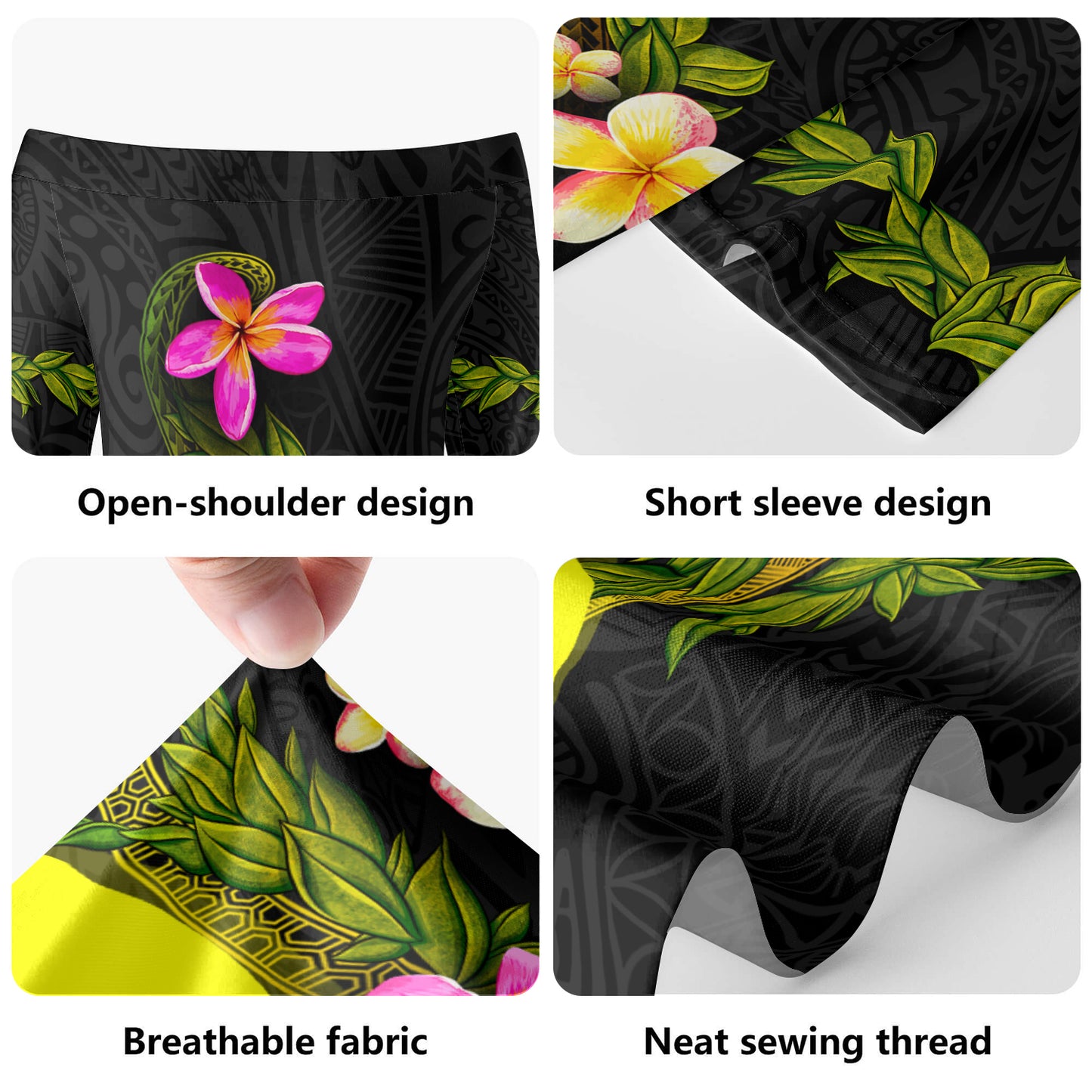 Palau Short Sleeve Off The Shoulder Lady Dress Plumeria Tribal
