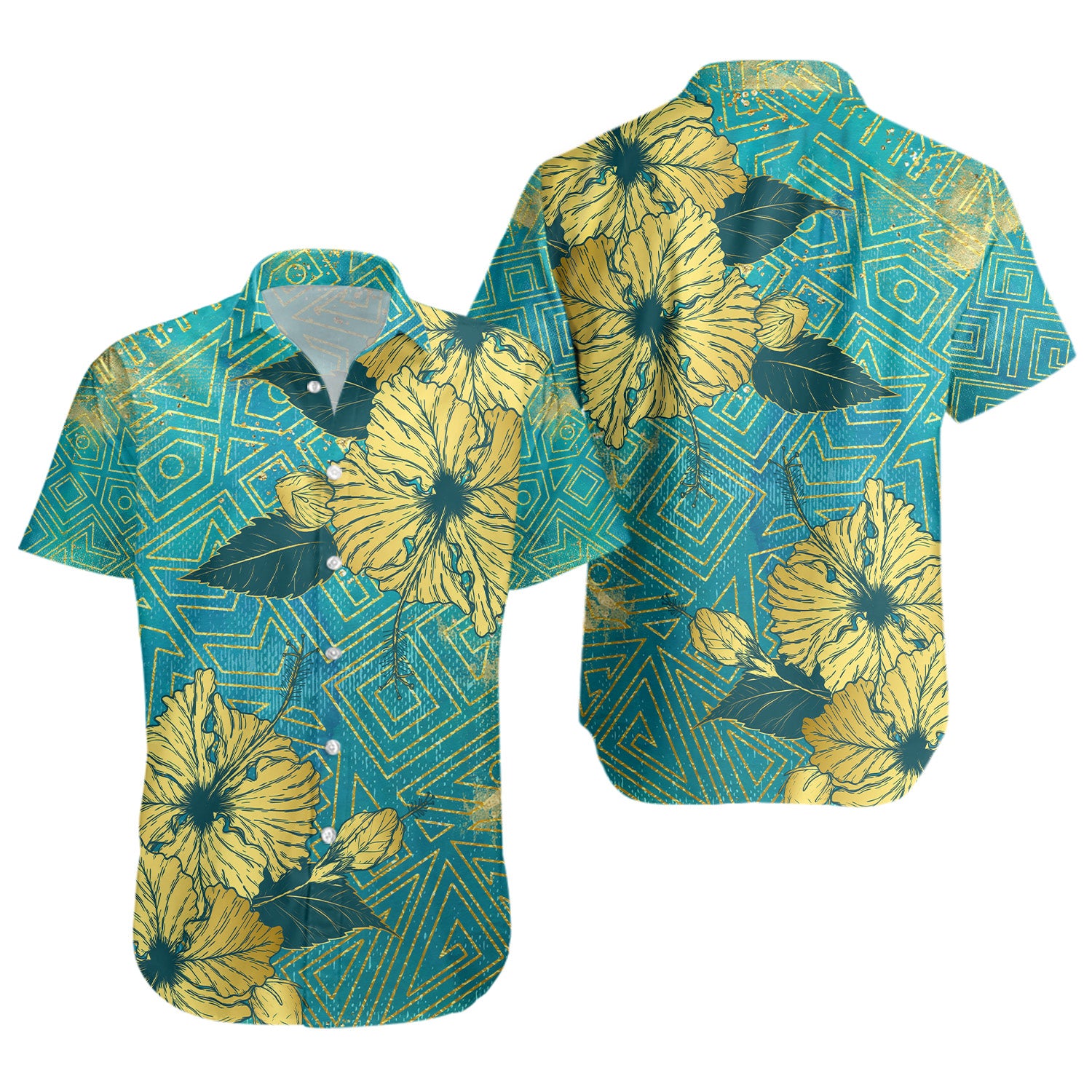 Hawaii Short Sleeve Shirt Golden Hibiscus Turquoise Color Tribal Pattern