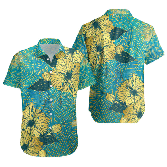 Hawaii Short Sleeve Shirt Golden Hibiscus Turquoise Color Tribal Pattern