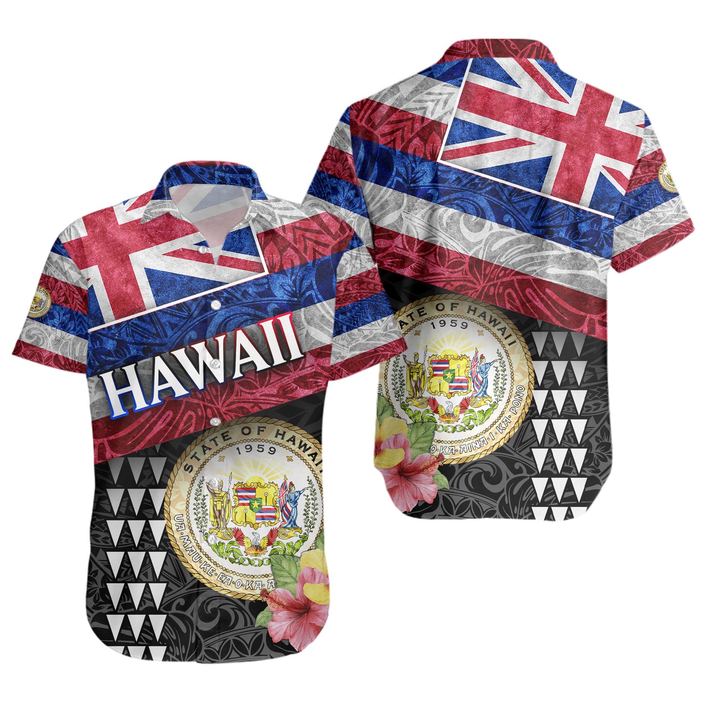 Hawaii Short Sleeve Shirt Hawaiian Flag Polynesian Tribal Hibiscus Style