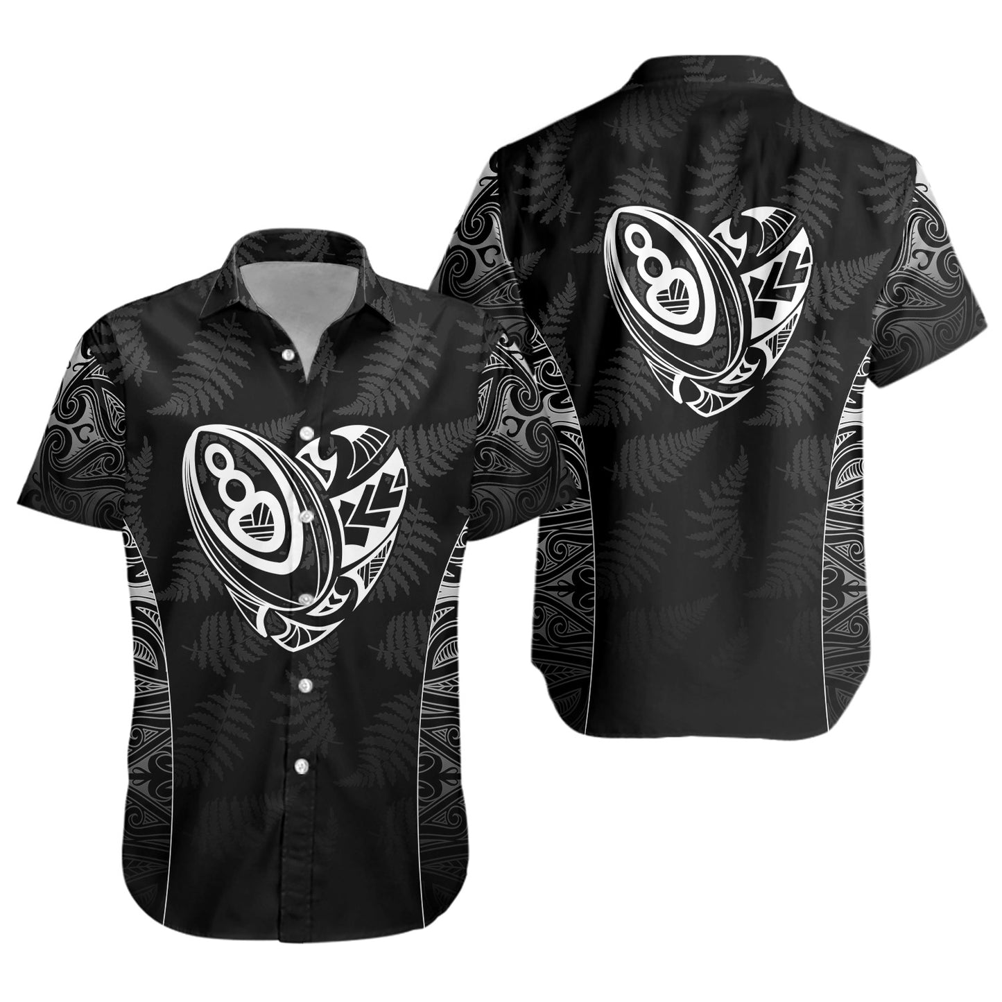 New Zealand Personalized Short Sleeve Shirt Rugby Heart Maori Style Silver Fern