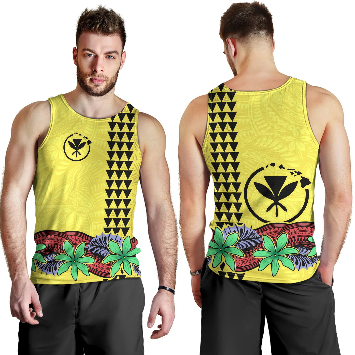 Hawaii Tank Top Kanaka Maoli Map Seal Tropical Flowers Yellow Color
