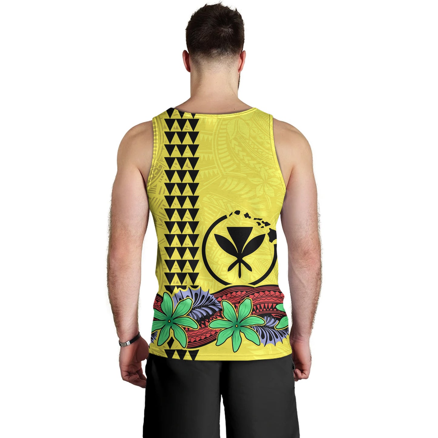 Hawaii Tank Top Kanaka Maoli Map Seal Tropical Flowers Yellow Color