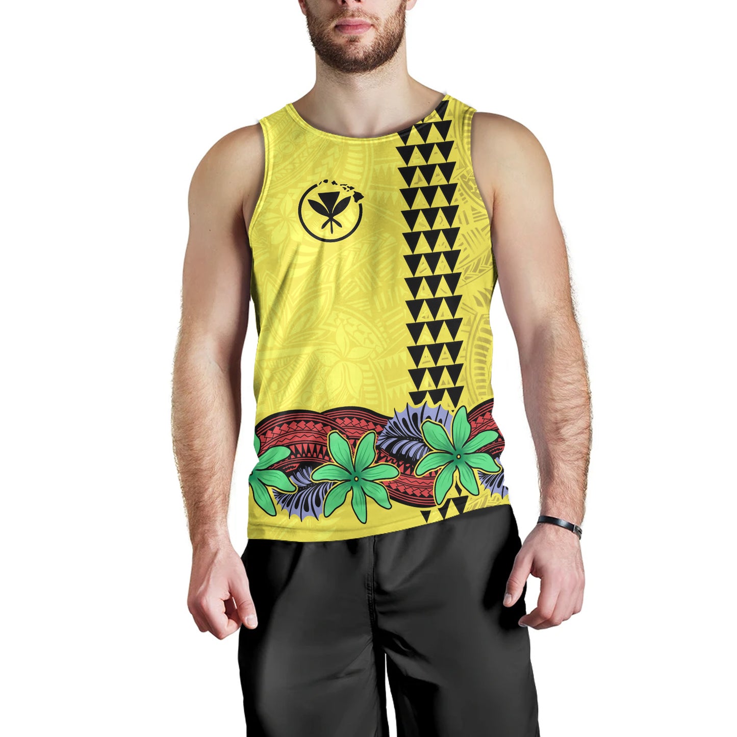 Hawaii Tank Top Kanaka Maoli Map Seal Tropical Flowers Yellow Color