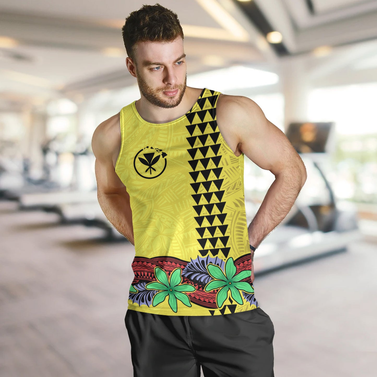 Hawaii Tank Top Kanaka Maoli Map Seal Tropical Flowers Yellow Color