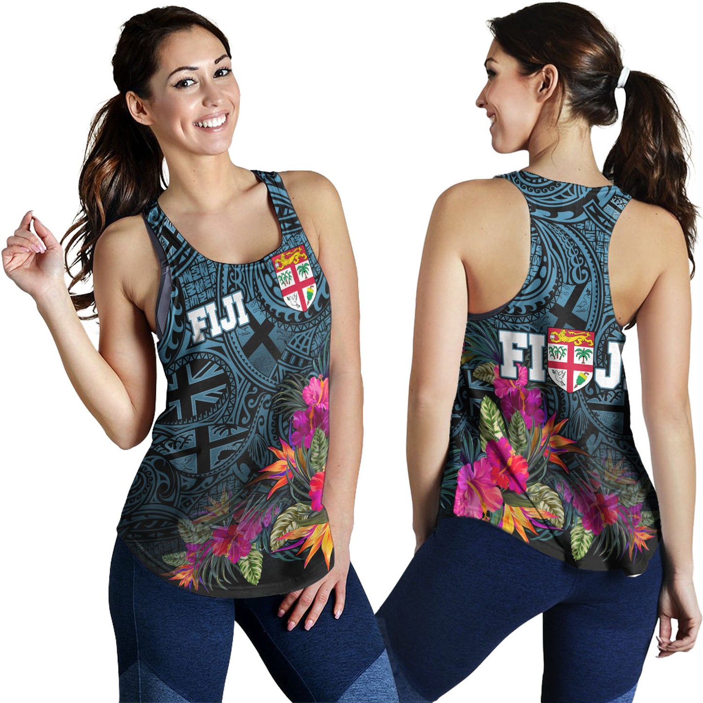 Fiji Women Tank - Fiji Seal With Tapa Patterns Tropical Flowers Design