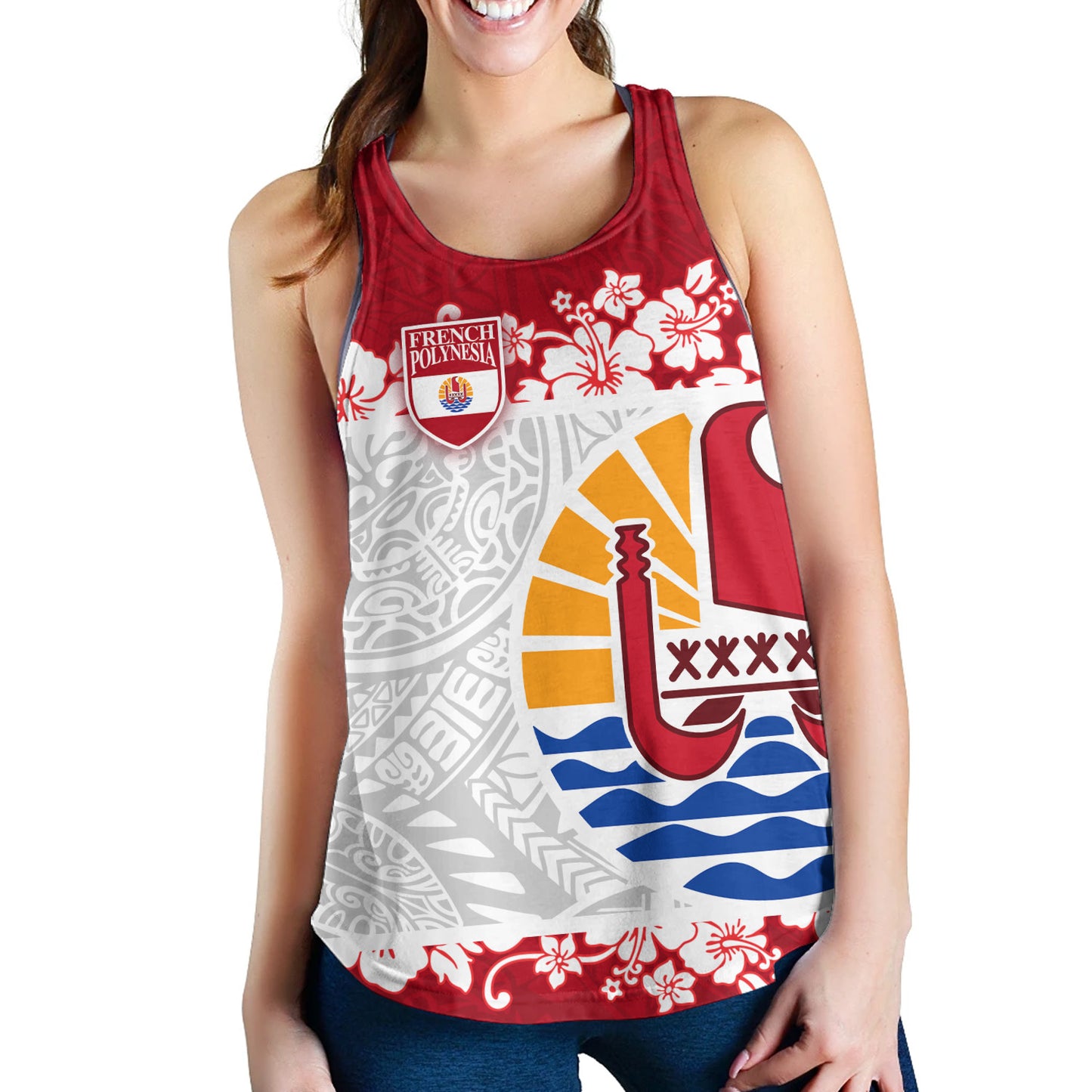 French Polynesia Women Tank Seal With Plumeria Flowers Polynesia Patterns