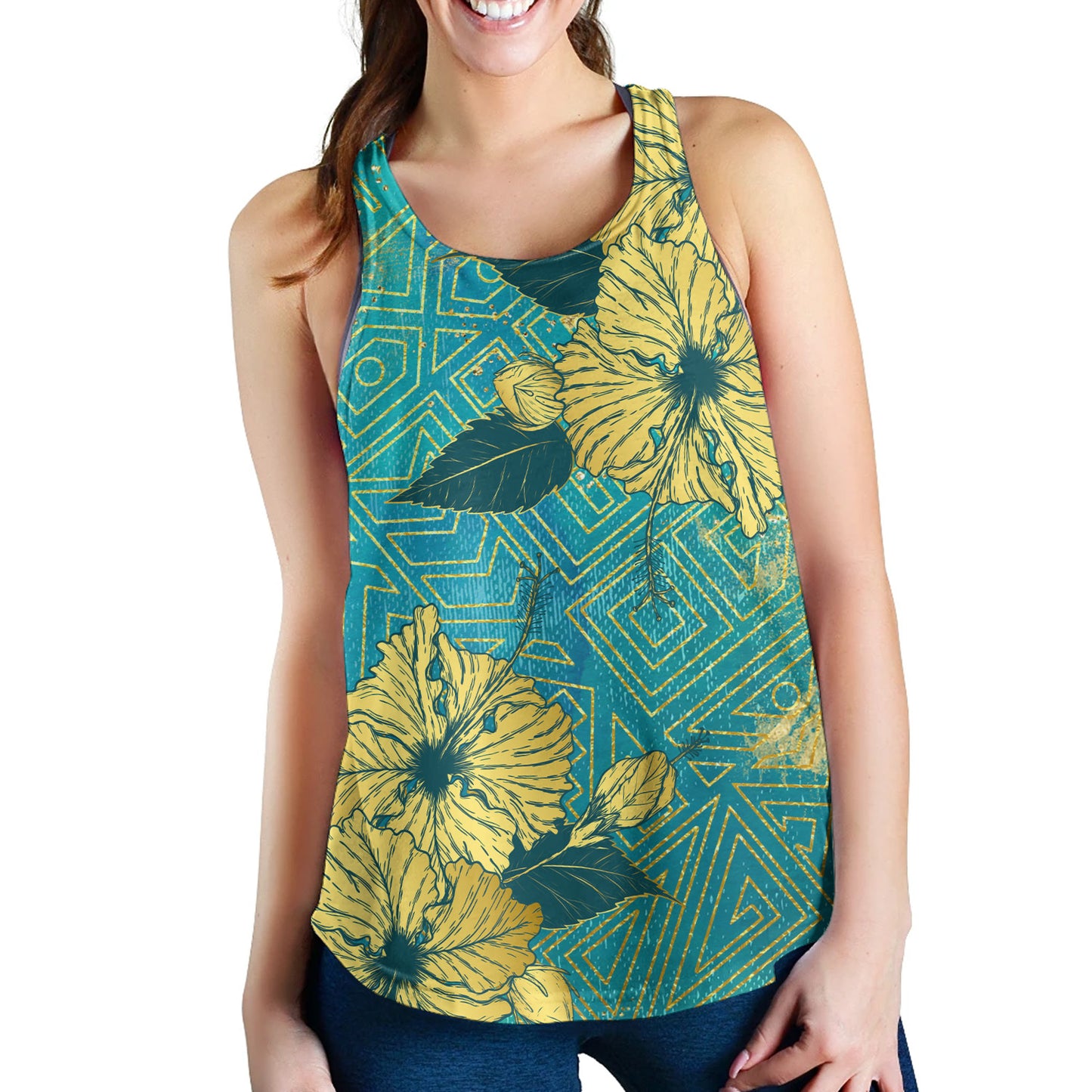 Hawaii Women Tank Golden Hibiscus Turquoise Color Tribal Pattern
