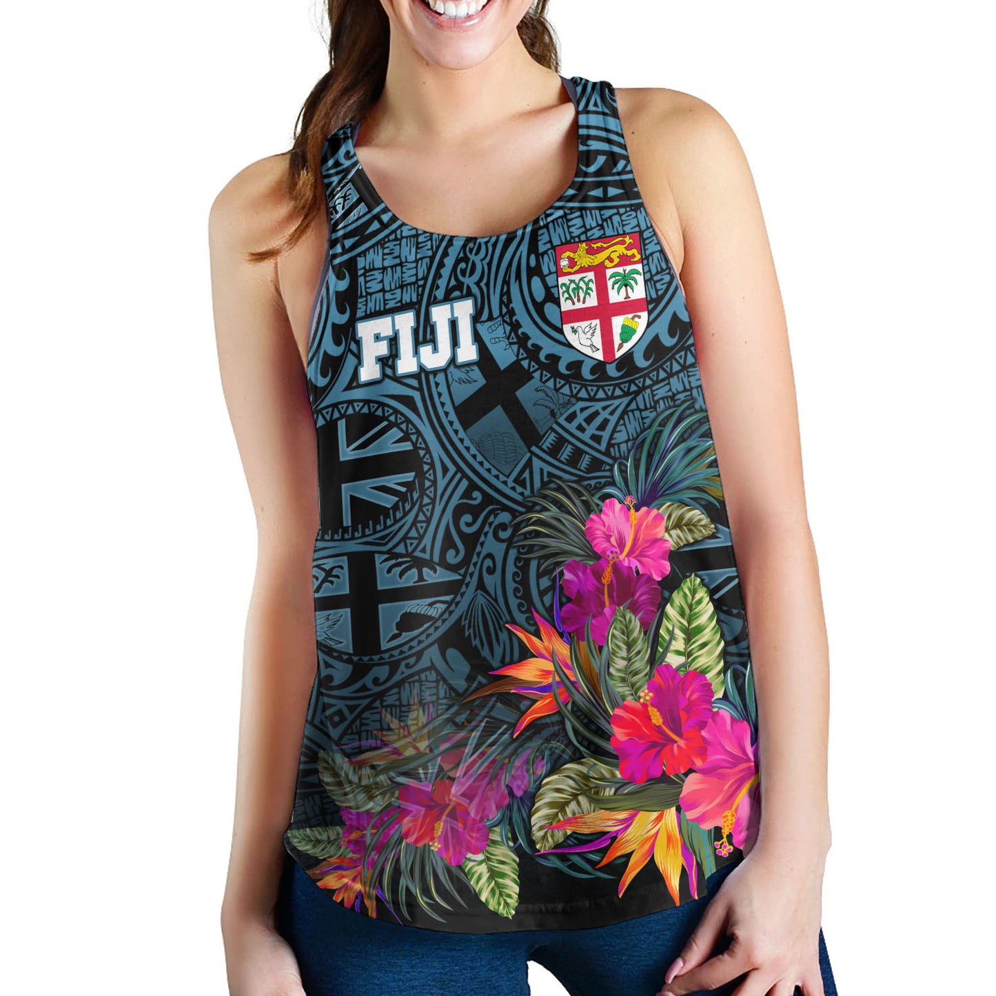 Fiji Women Tank - Fiji Seal With Tapa Patterns Tropical Flowers Design