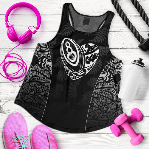 New Zealand Personalized Women Tank Rugby Heart Maori Style Silver Fern