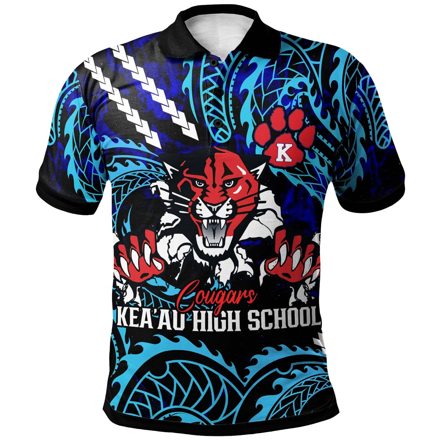 Hawaii Custom Polo Shirt - Keaau High School Cougars with Polynesian Patterns Galaxy