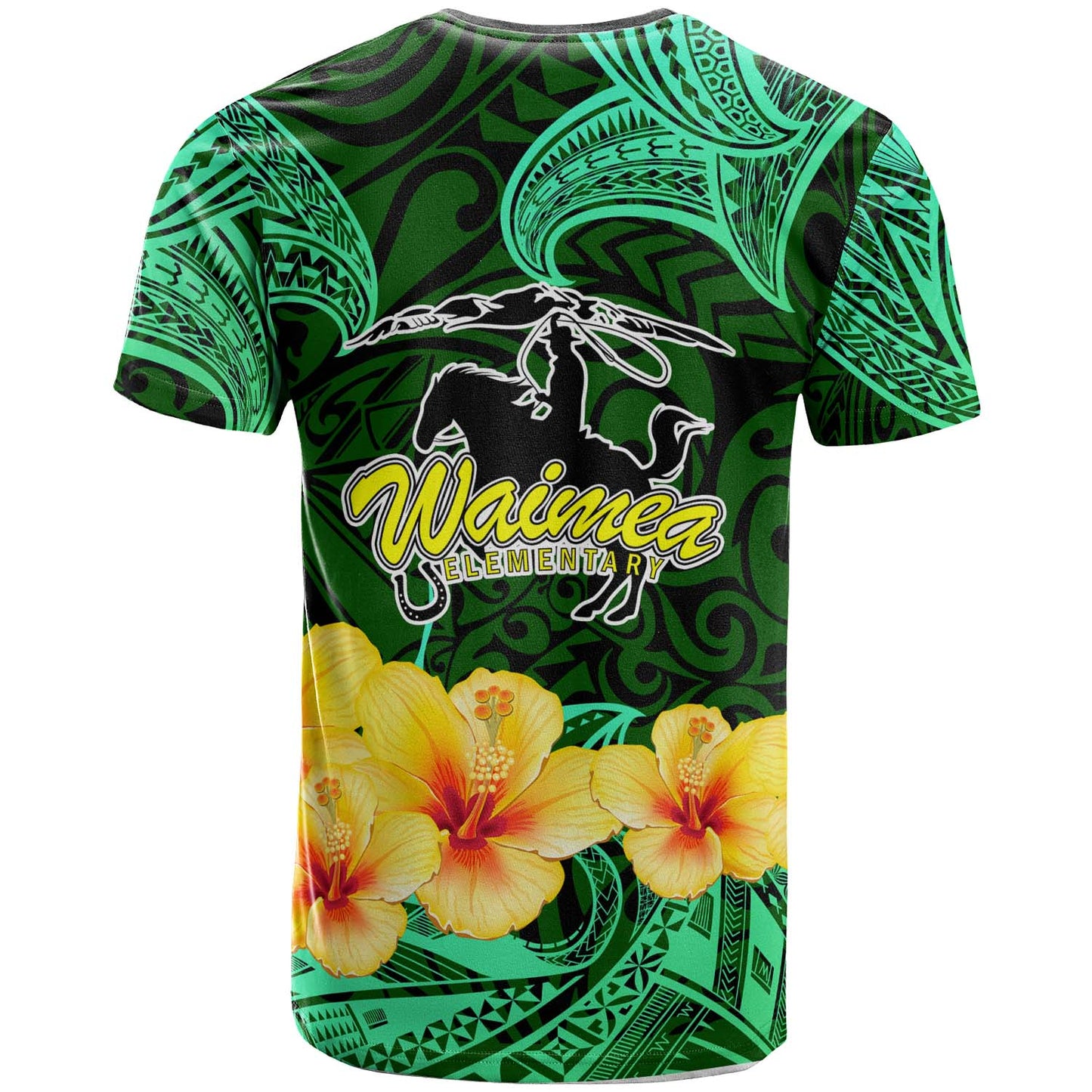Hawaii Polynesian T-shirt - Waimea Elementary School with Polynesian Patterns and Hibicus Flower