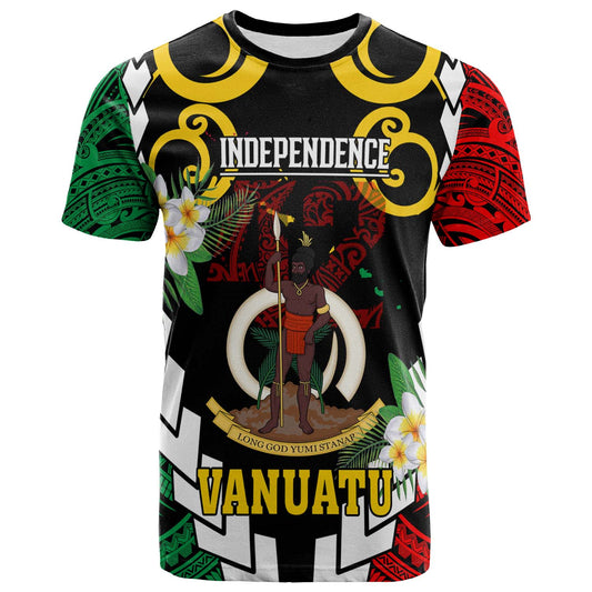 Vanuatu T-shirt - Custom Vanuatu Independence Anniversary Plumeria Flower and Polynesian Patterns T-shirt