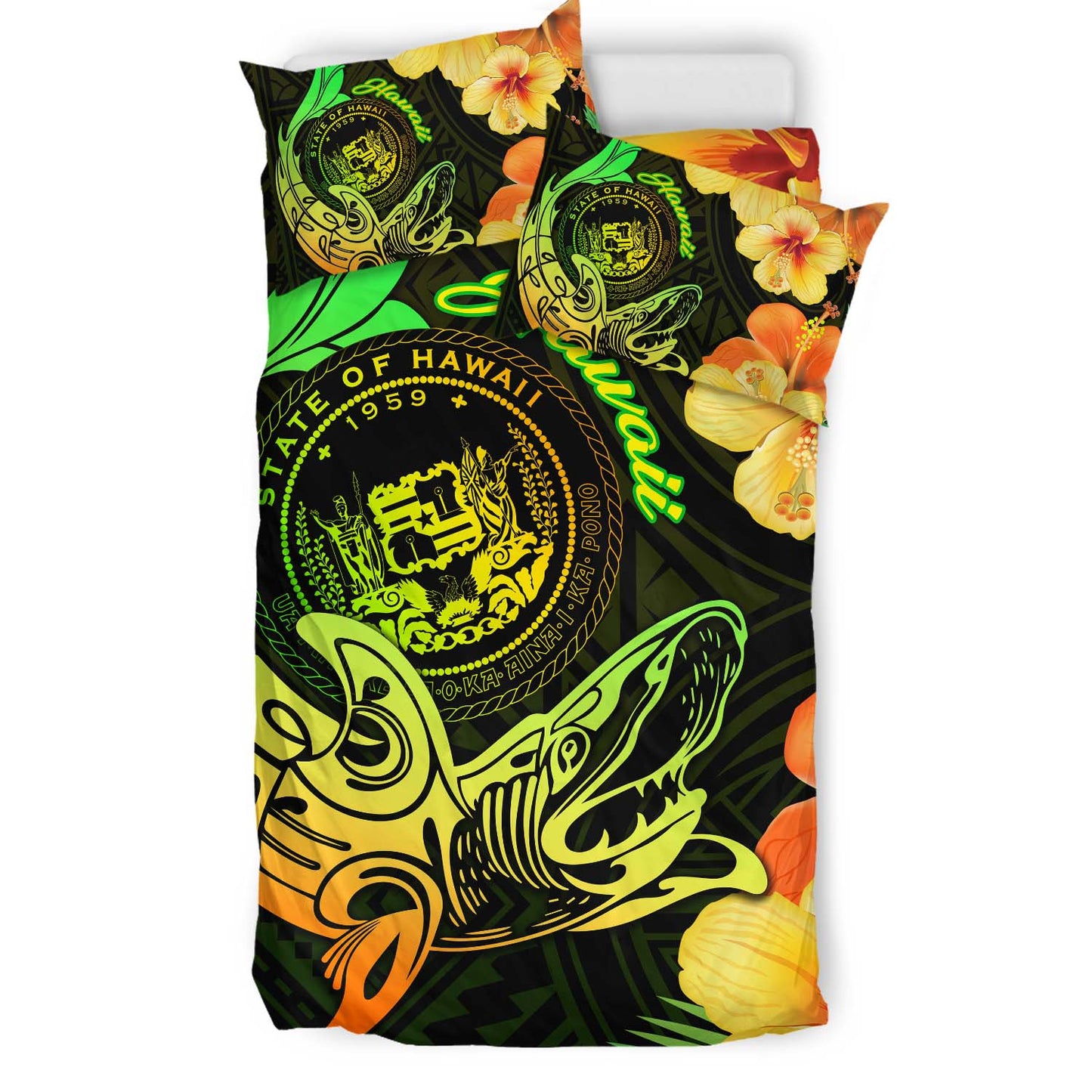 Hawaii Polynesian Bedding Set - Hawaii Sharks Tribal Patterns Green