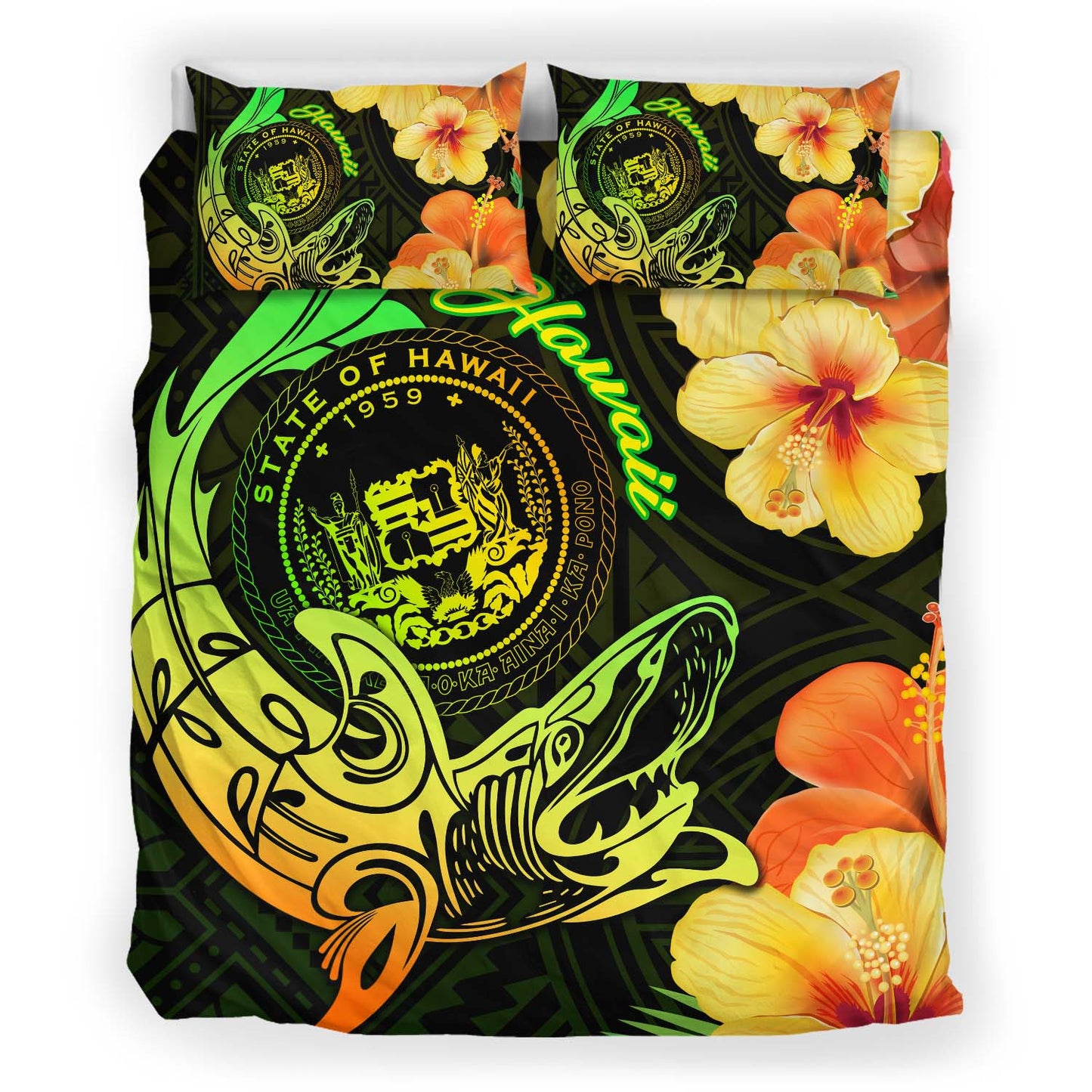 Hawaii Polynesian Bedding Set - Hawaii Sharks Tribal Patterns Green