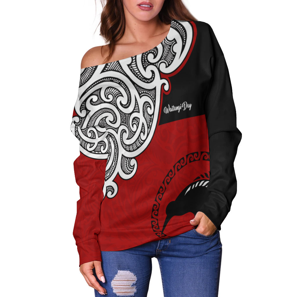 New Zealand Off Shoulder Sweatshirt - Happy Waitangi Day Kiwi Bird and Maori Traditional