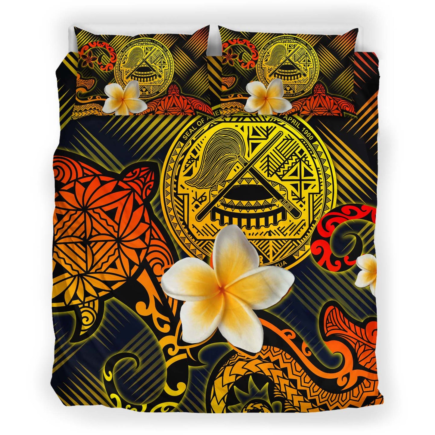 American Samoa Polynesian Bedding Set - Lauhala Turtle Plumeria Tropical