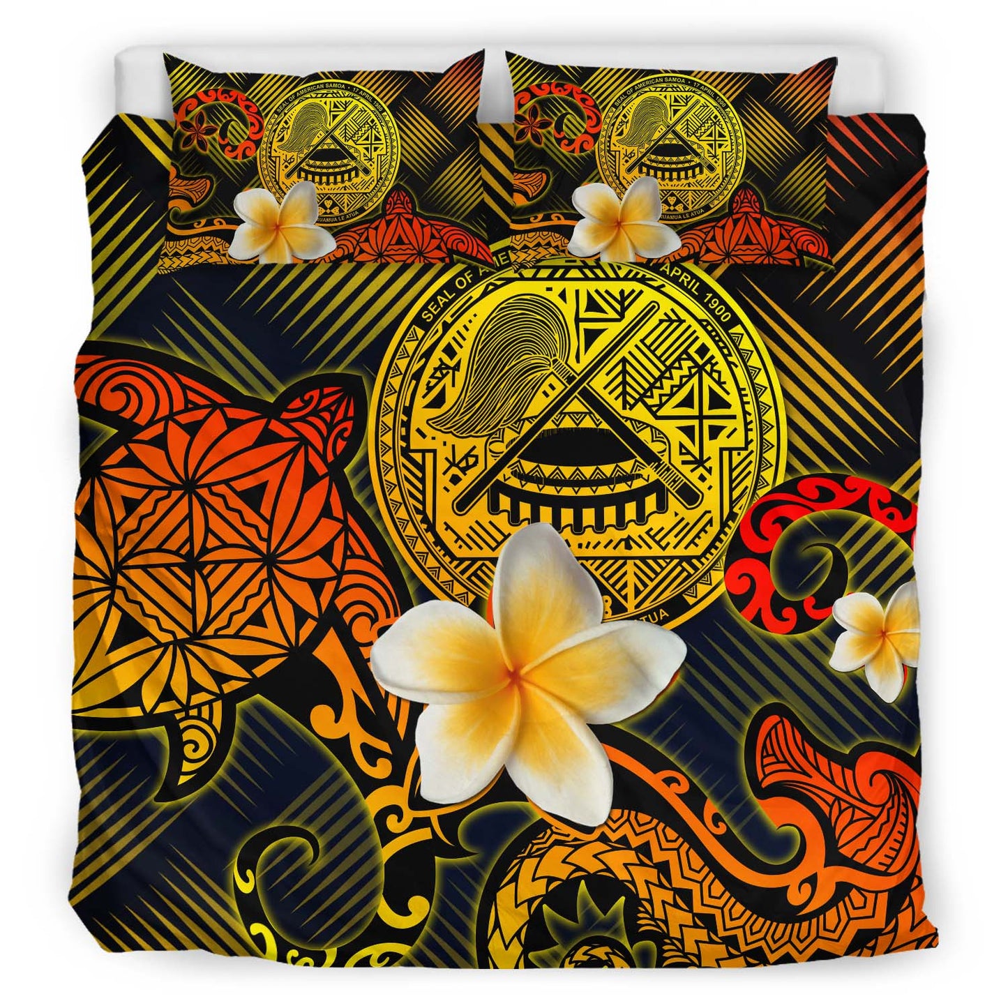 American Samoa Polynesian Bedding Set - Lauhala Turtle Plumeria Tropical