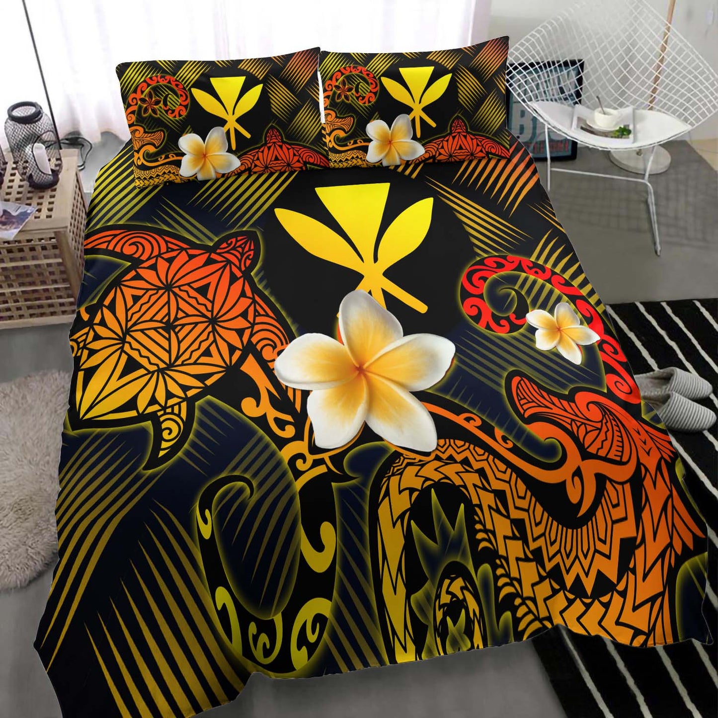 Kanaka Maoli Polynesian Bedding Set - Lauhala Turtle Plumeria Tropical