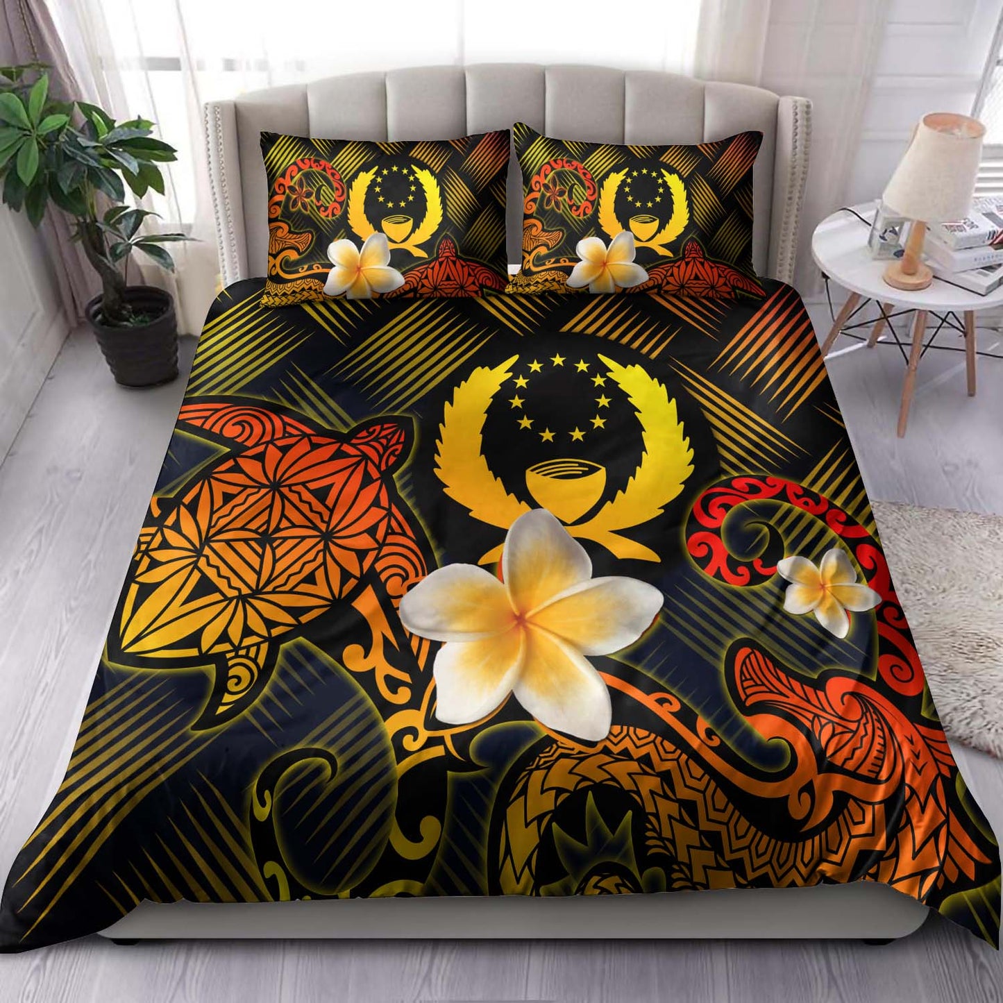 Pohnpei Polynesian Bedding Set - Lauhala Turtle Plumeria Tropical