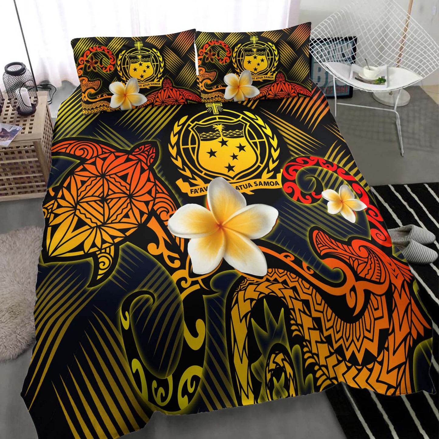 Samoa Polynesian Bedding Set - Lauhala Turtle Plumeria Tropical