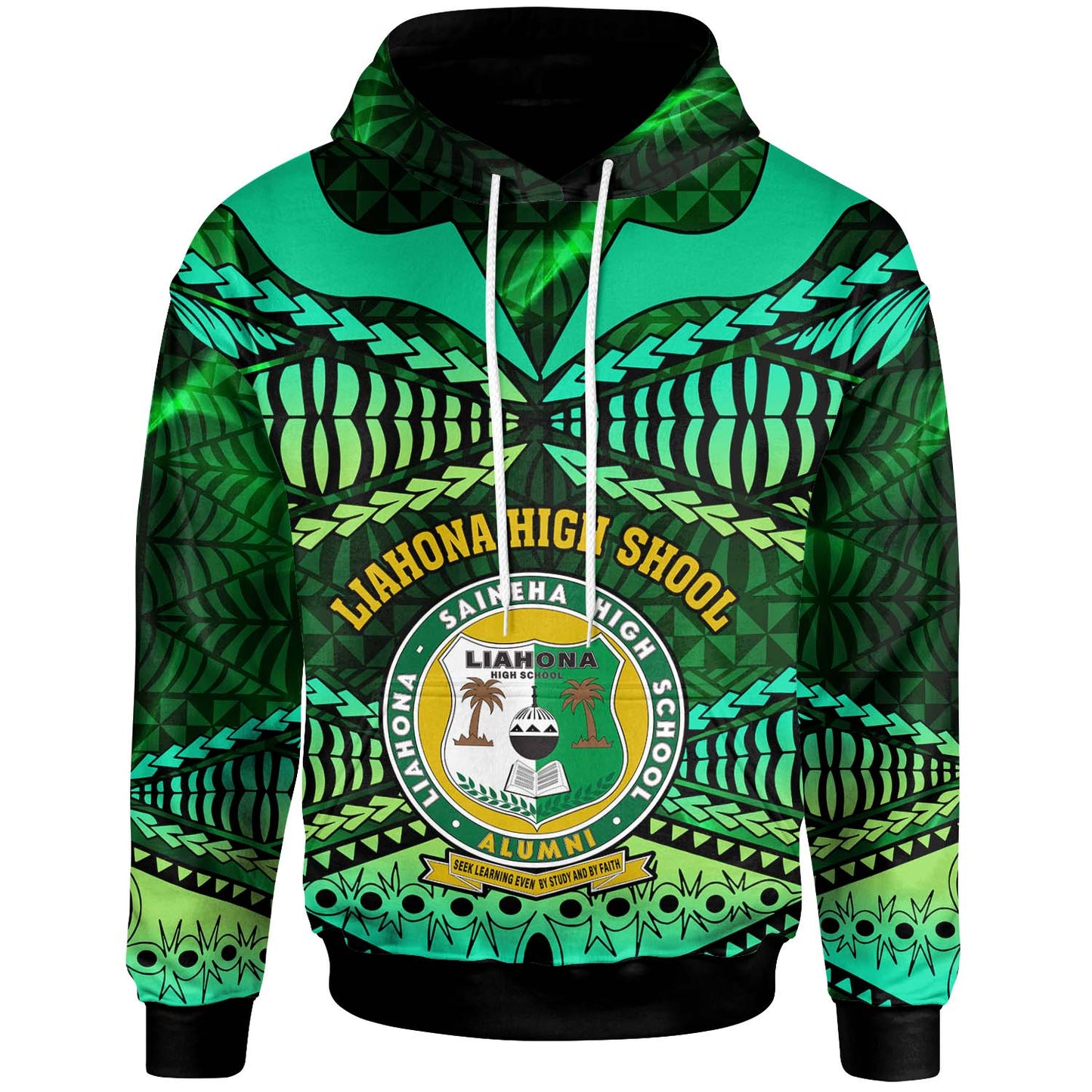 Tonga Custom Hoodie - Liahona High Shool with Tonga Patterns with Green Effect
