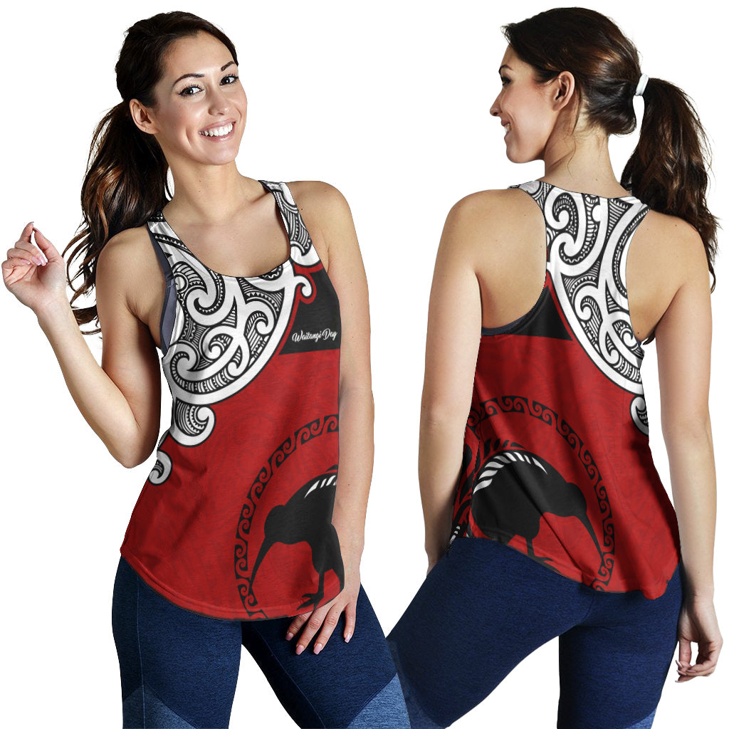 New Zealand Women Racerback Tank - Happy Waitangi Day Kiwi Bird and Maori Traditional