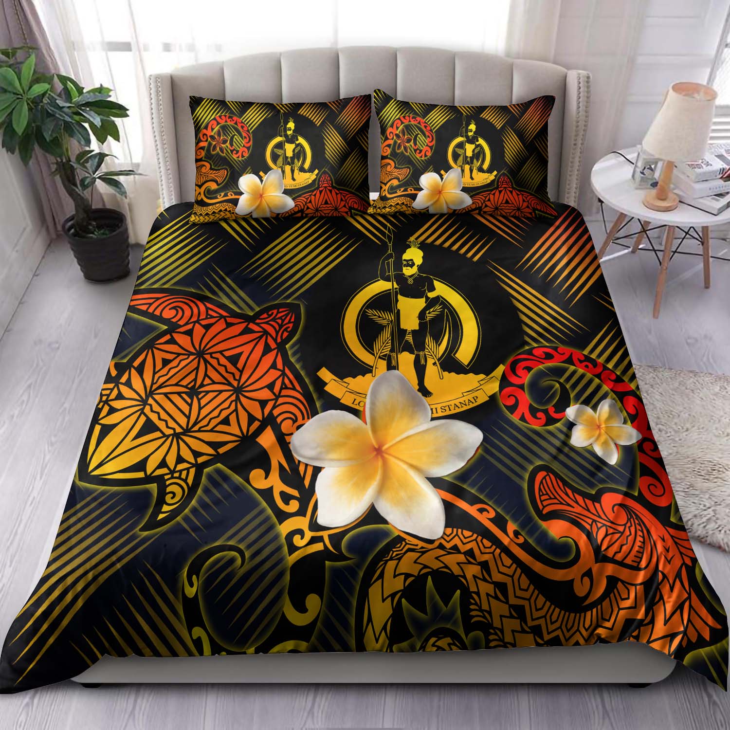 Vanuatu Polynesian Bedding Set - Lauhala Turtle Plumeria Tropical