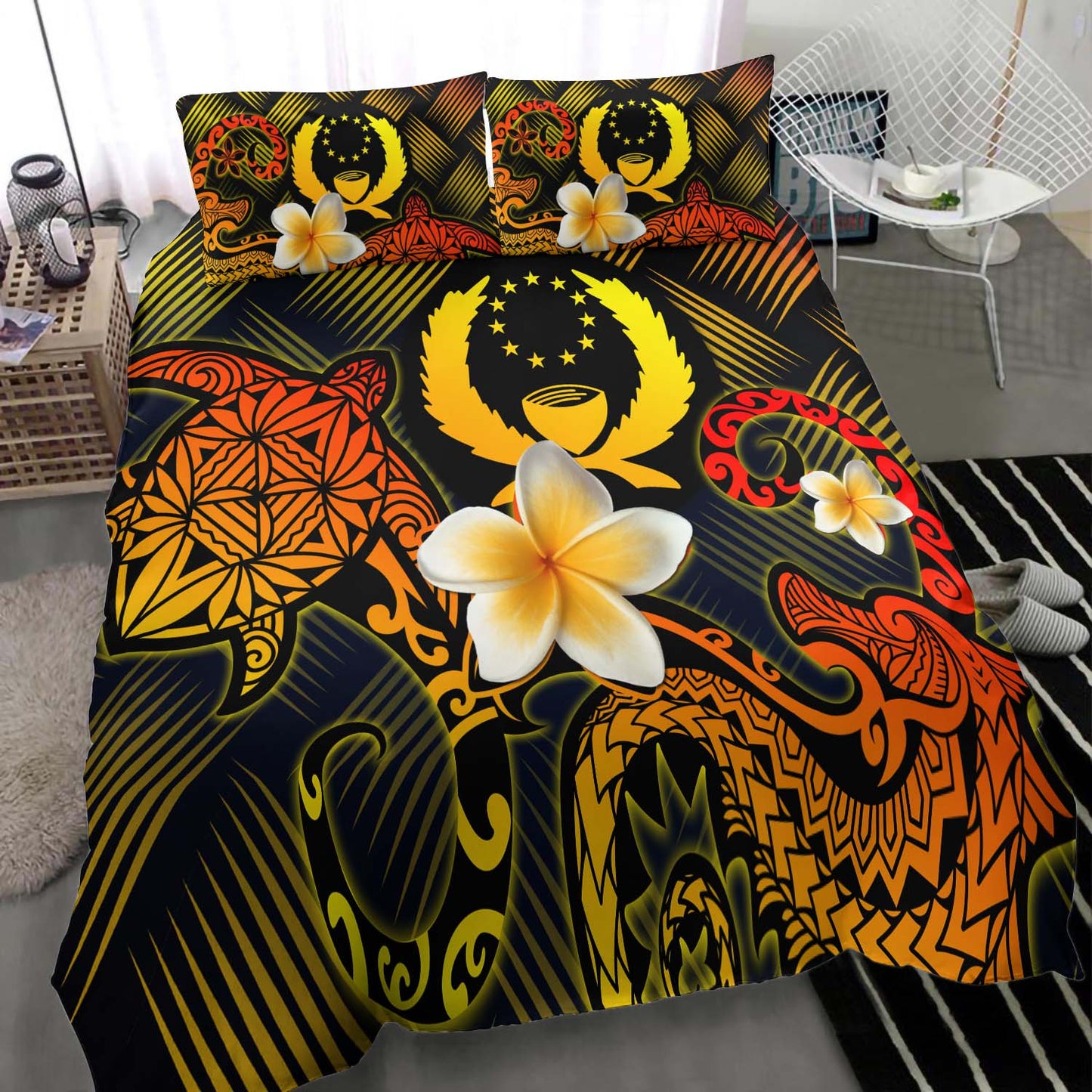 Pohnpei Polynesian Bedding Set - Lauhala Turtle Plumeria Tropical