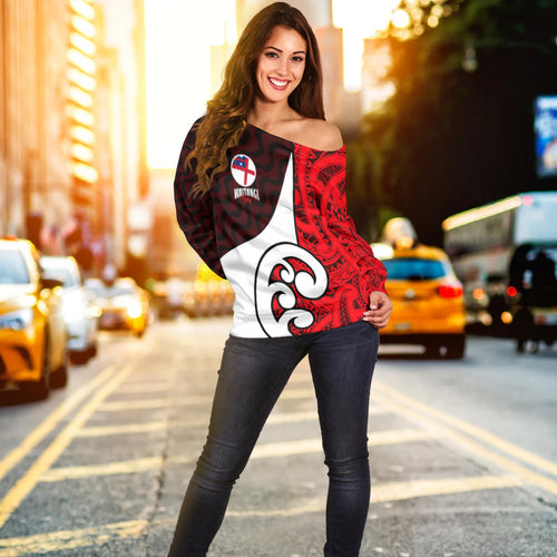 New Zealand Off Shoulder Sweater - Flag of the United Tribes of New Zealand Waitangi Day