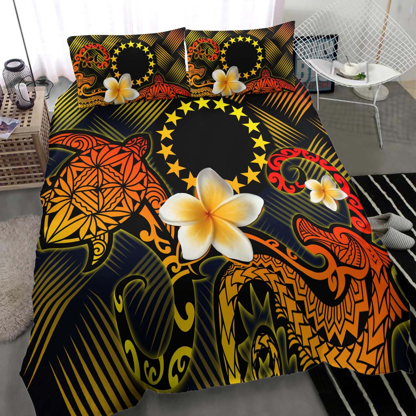 Cook Islands Polynesian Bedding Set - Lauhala Turtle Plumeria Tropical