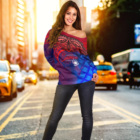 Samoa Polynesian Off Shoulder Sweatshirt - Samoa Coat Of Arms with Lauhala Tribal Pattern