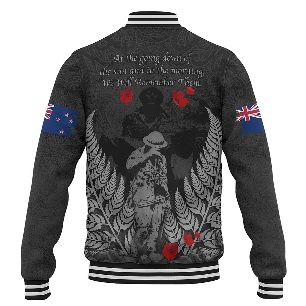 New Zealand Baseball Jacket Maori Tribal Silver Fern Lest We Forget Solider