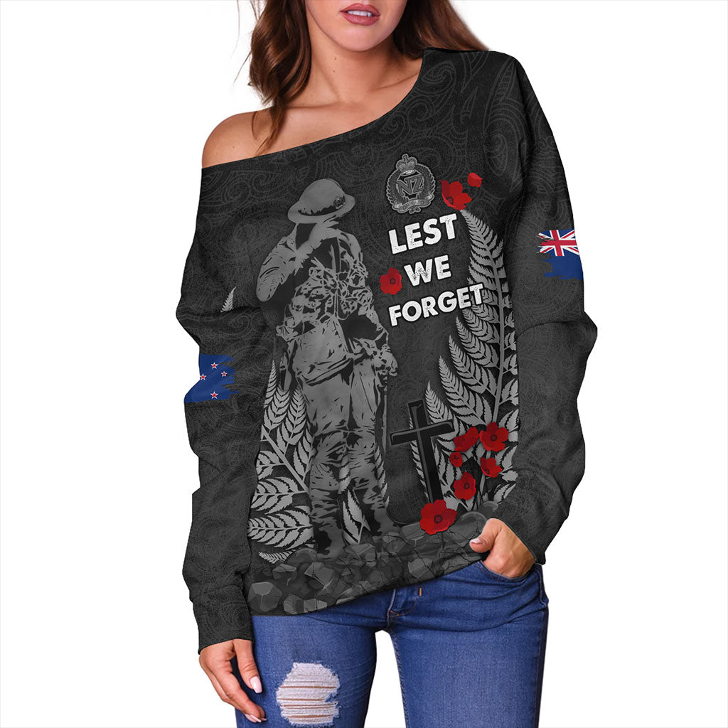 New Zealand Off Shoulder Sweatshirt Maori Tribal Silver Fern Lest We Forget Solider