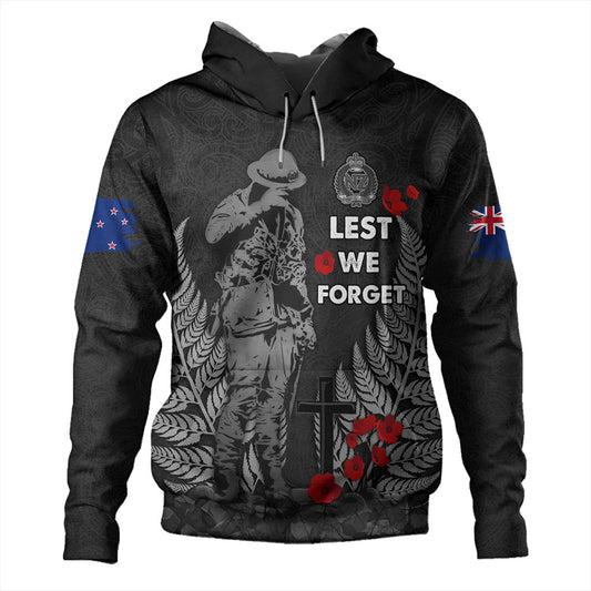 New Zealand Hoodie Maori Tribal Silver Fern Lest We Forget Solider