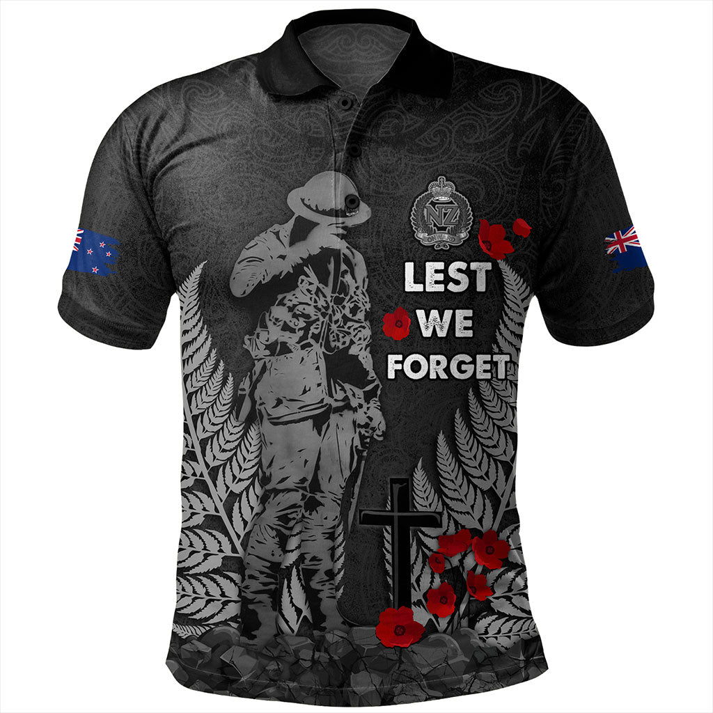 New Zealand Polo Shirt Maori Tribal Silver Fern Lest We Forget Solider