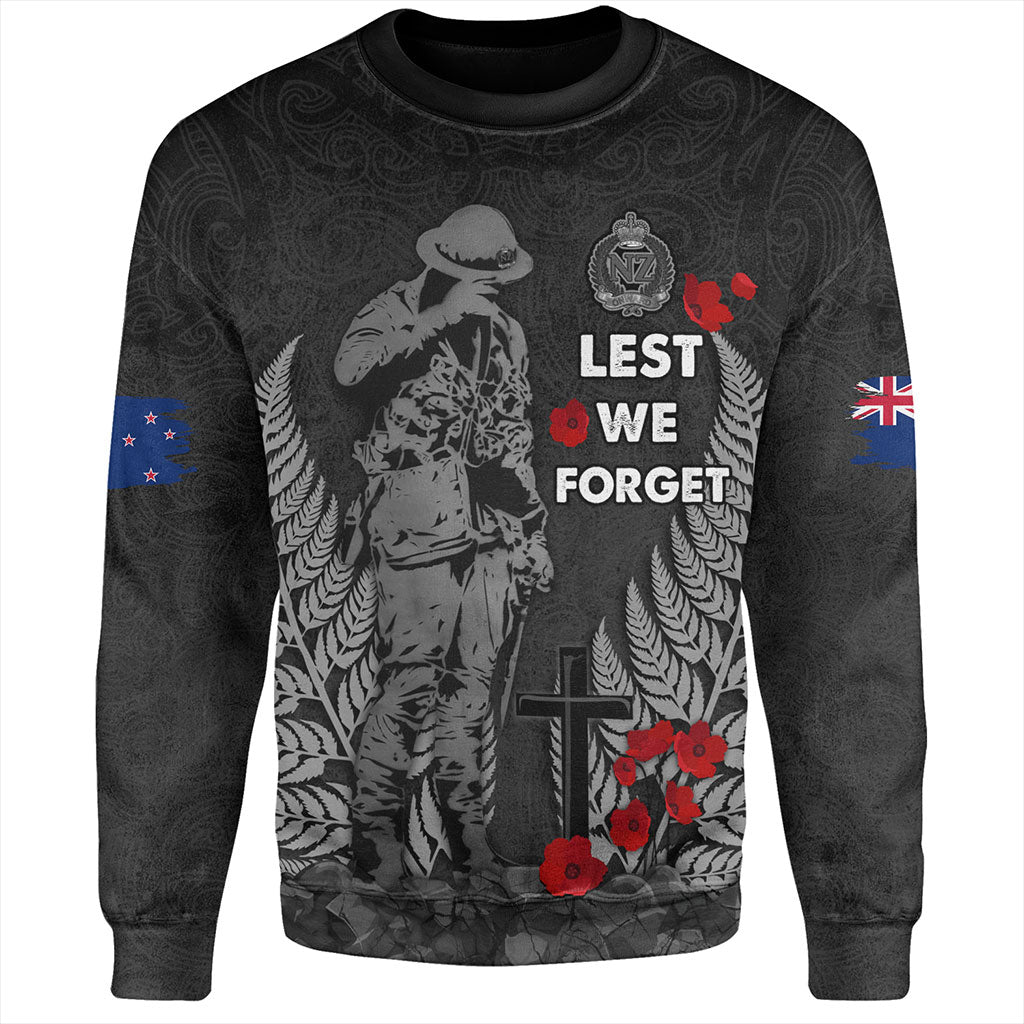 New Zealand Sweatshirt Maori Tribal Silver Fern Lest We Forget Solider