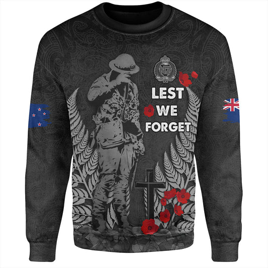 New Zealand Sweatshirt Maori Tribal Silver Fern Lest We Forget Solider